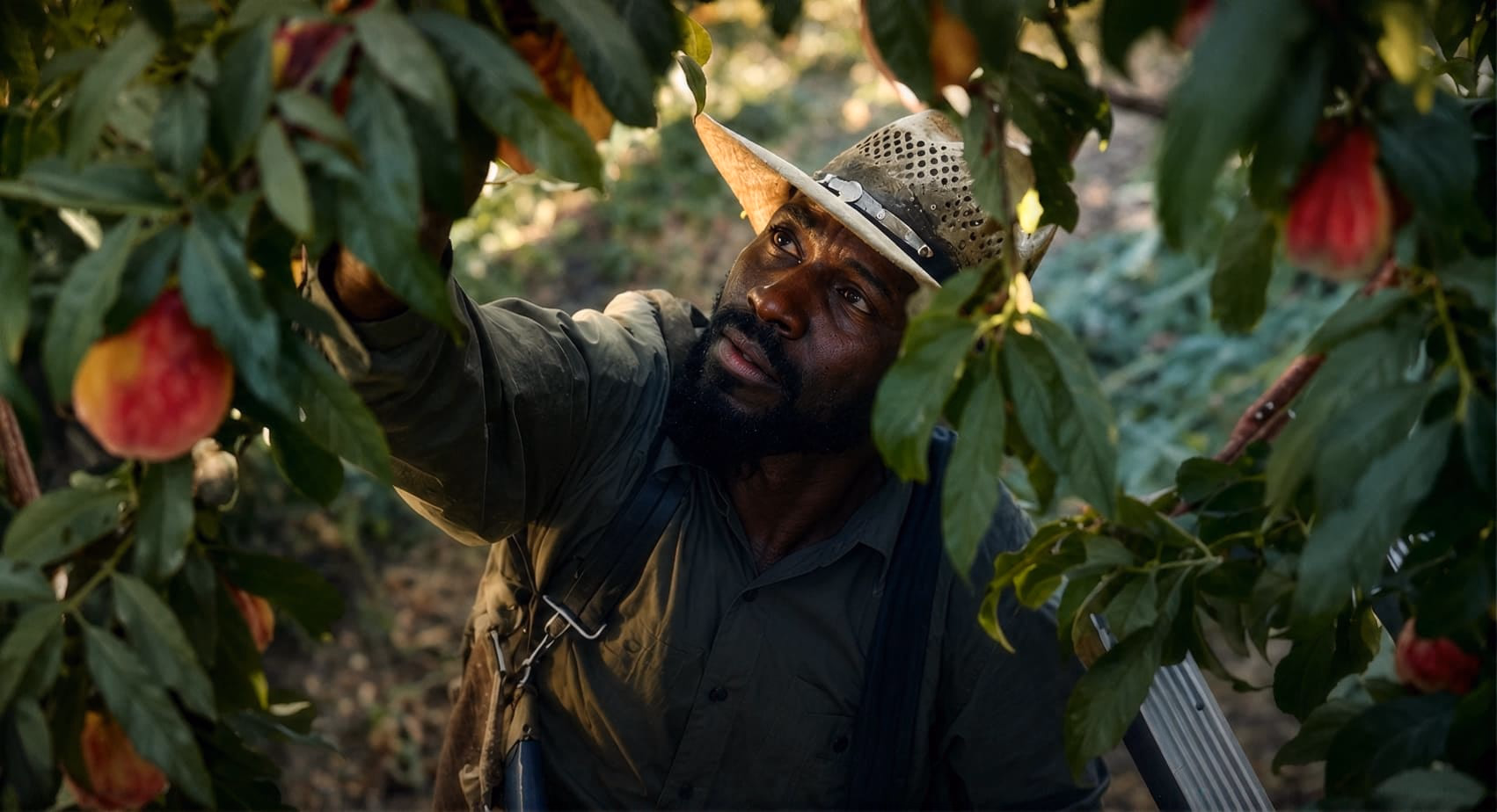 Seasonal worker picking fruit in a European orchard